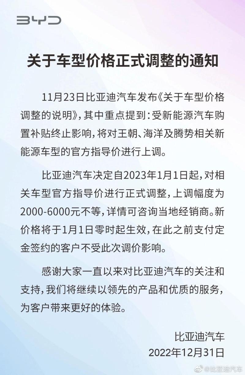 比亚迪汽车调整相关车型官方指导价,上调 2000~6000 元不等 比亚迪汽车调整相关车型官方指导价,上调 2000~6000 元不等
