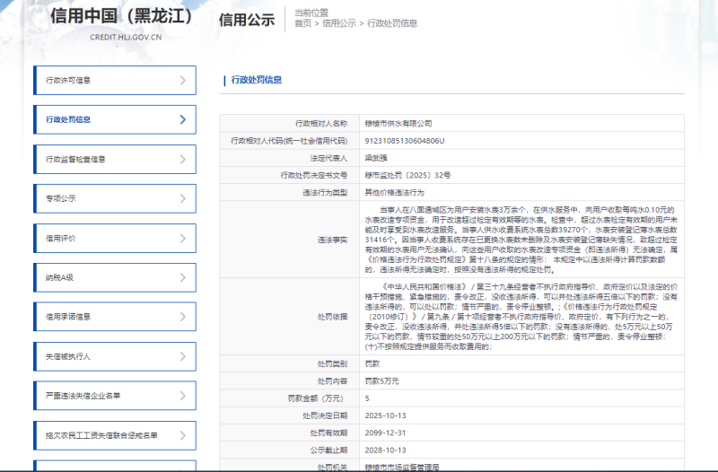 穆棱市供水有限公司因违规收取水表改造资金被罚5万元 穆棱市供水有限公司因违规收取水表改造资金被罚5万元